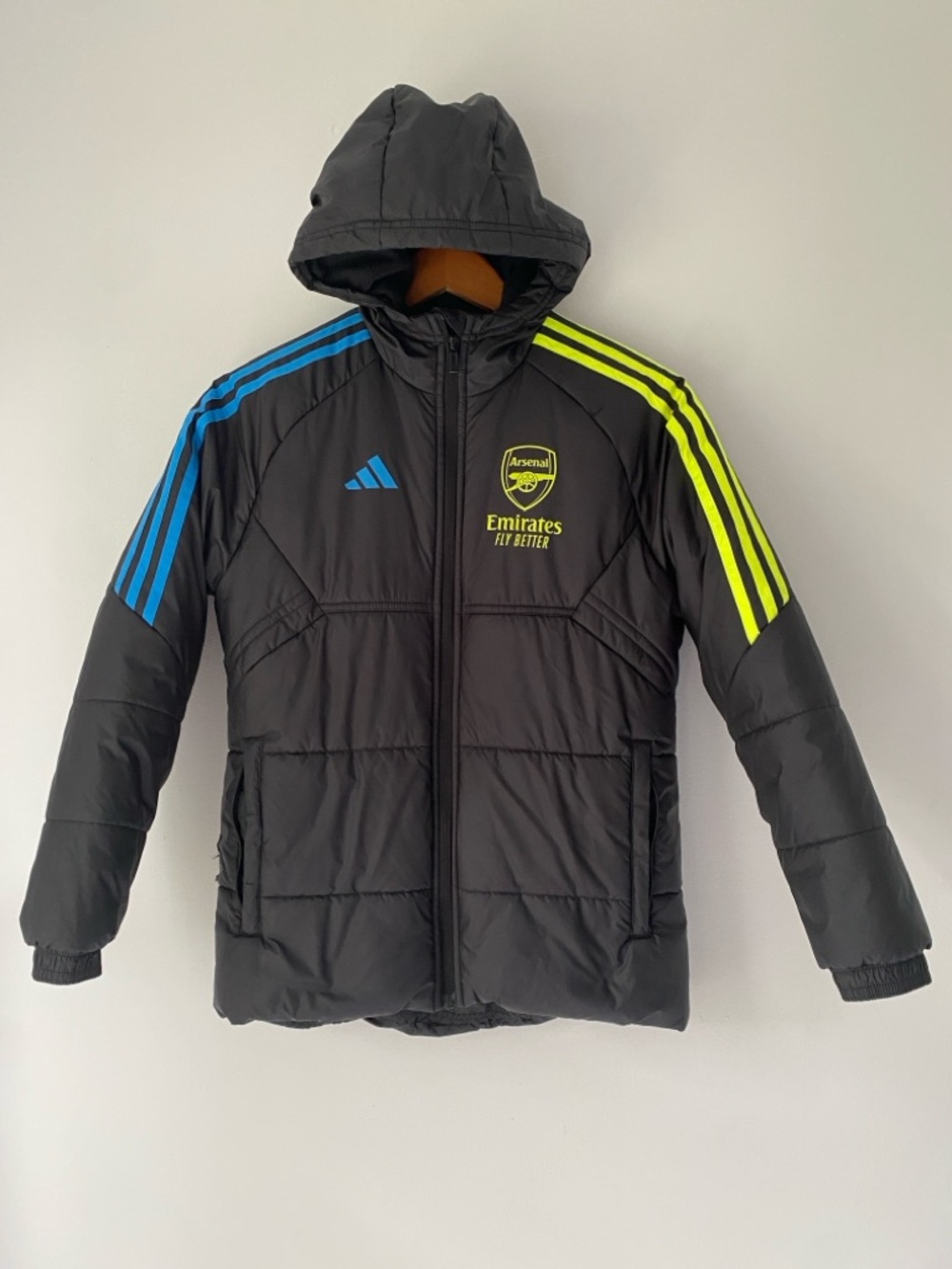 Adidas Kids Black Puffer Jacket with Neon Yellow and Bright Blue Stripes
